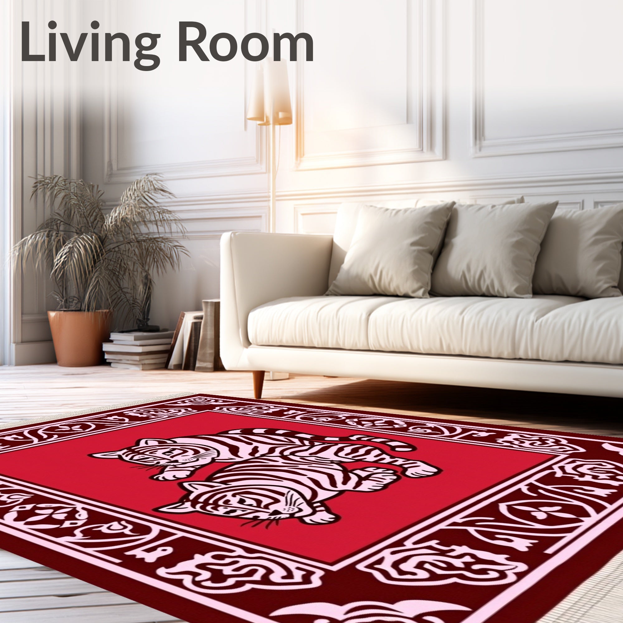 Crimson Tigers in Ornate Border Rug