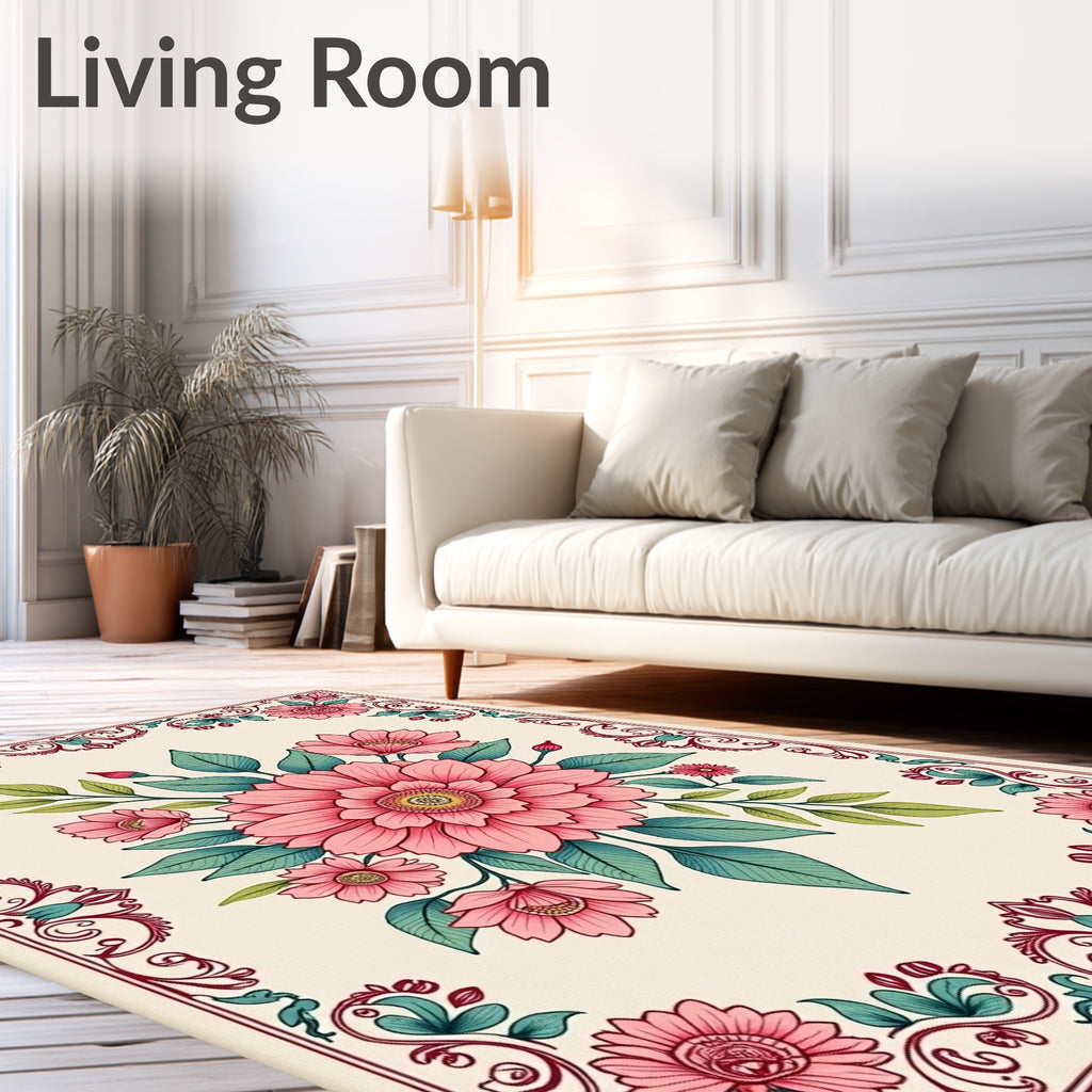 Vintage Pink Floral Garden Swirl Rug