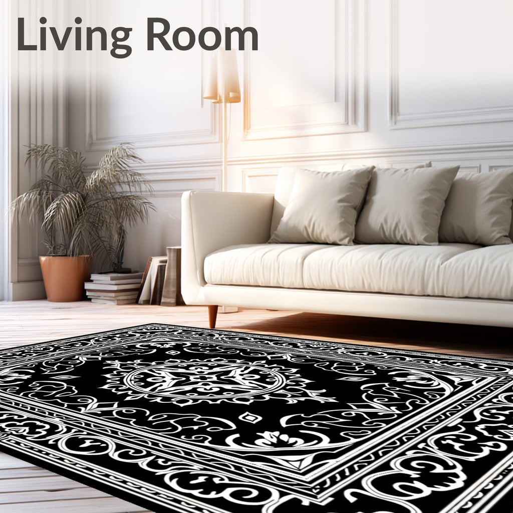 Black White Intricate Floral Medallion Rug