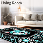 Turquoise Dog Floral Frame Black Rug