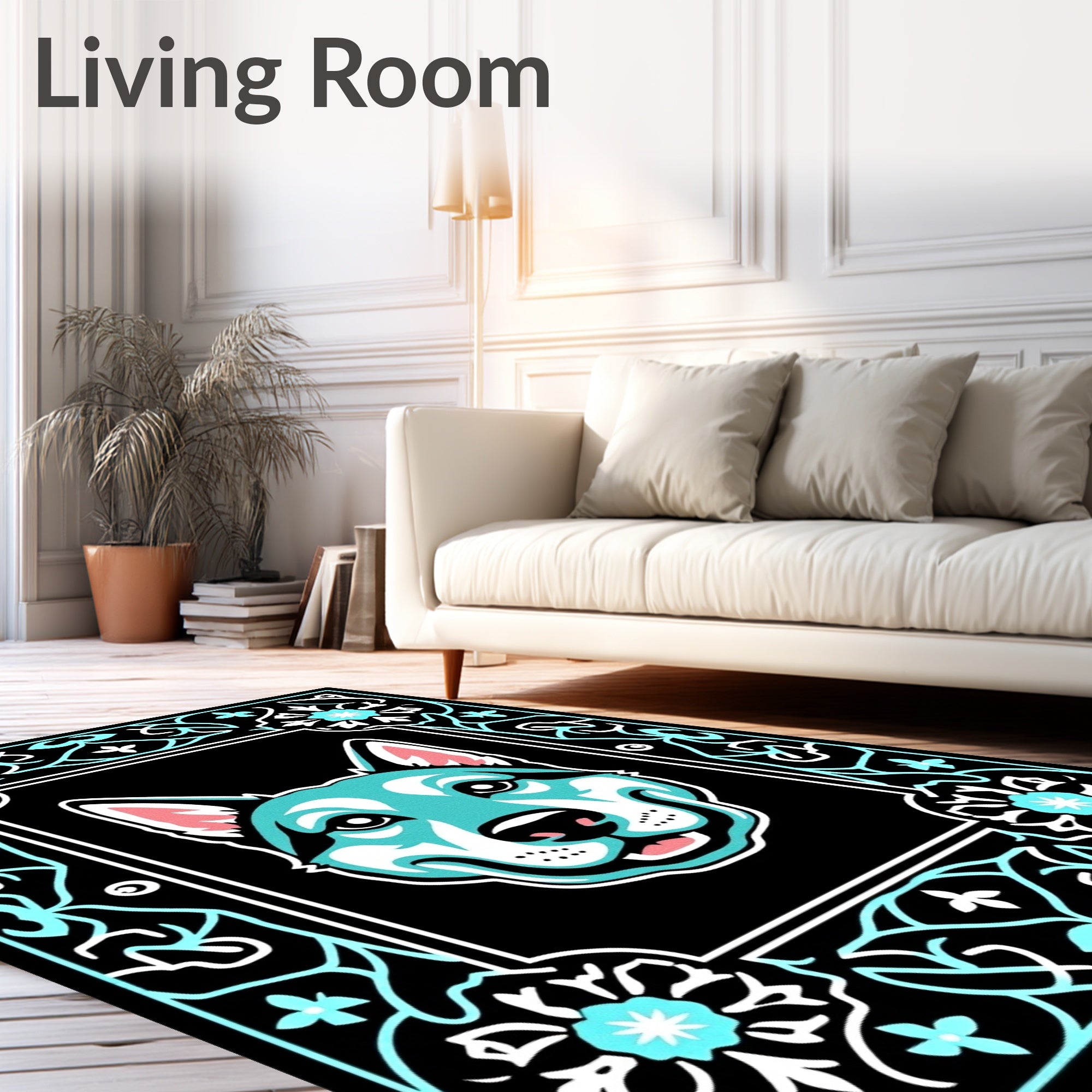 Turquoise Dog Floral Frame Black Rug