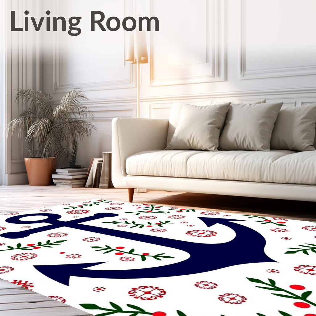 Navy Anchor with Red Floral Vines Rug
