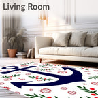 Navy Anchor with Red Floral Vines Rug