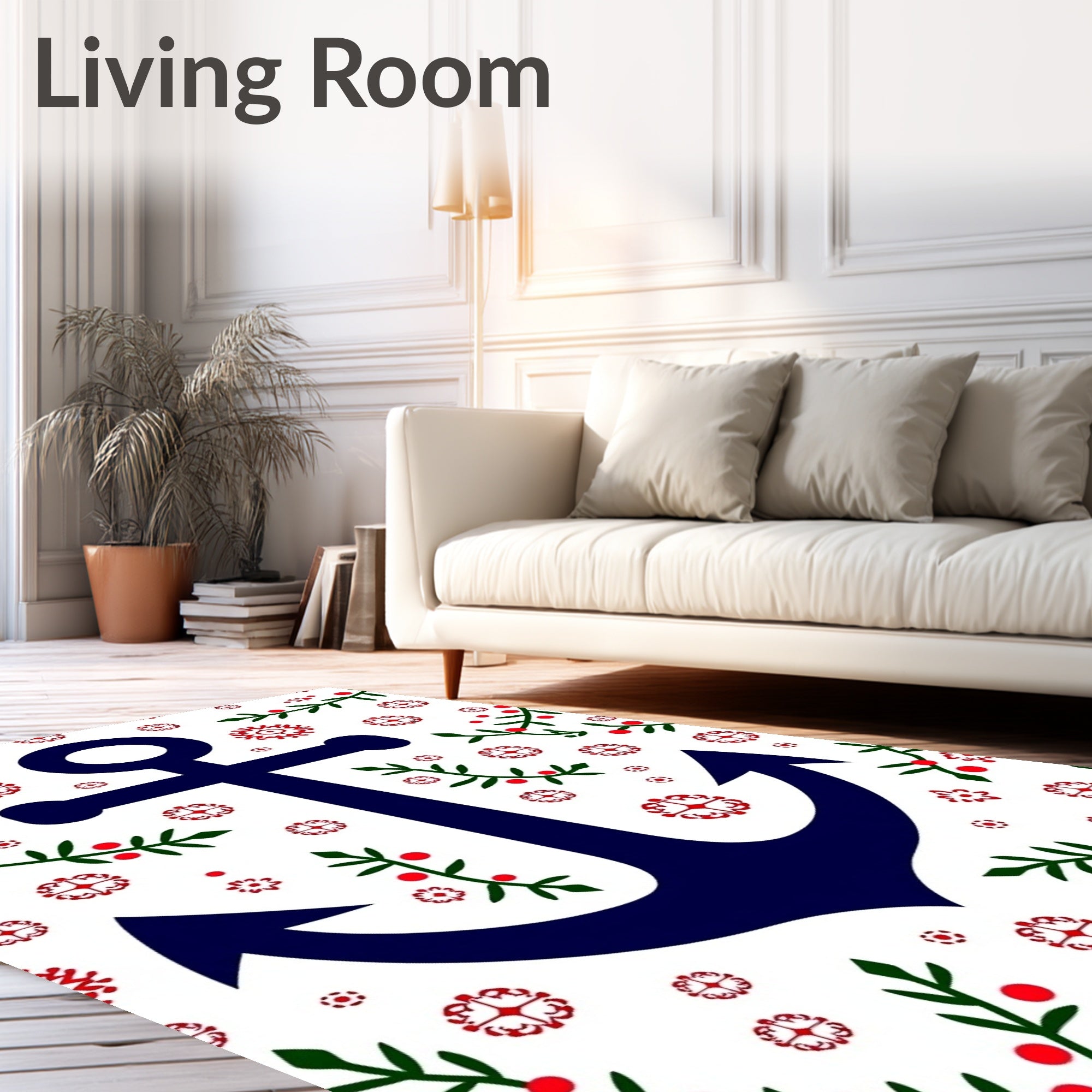 Navy Anchor with Red Floral Vines Rug