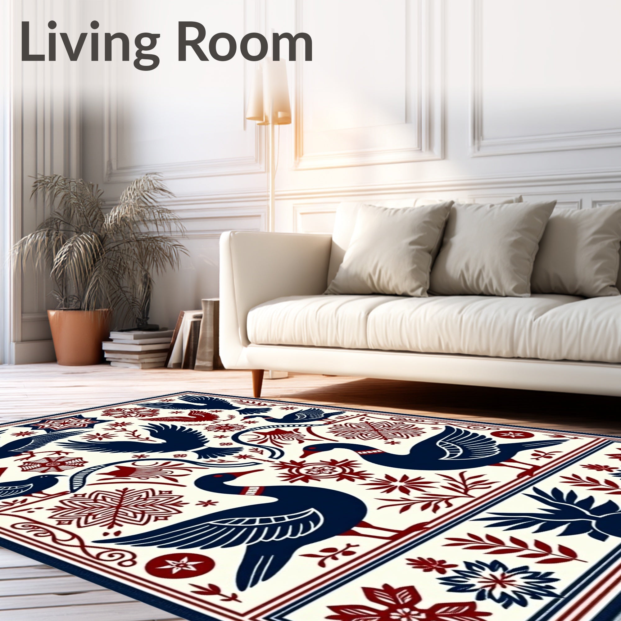 Navy Crimson Folk Art Birds Rug