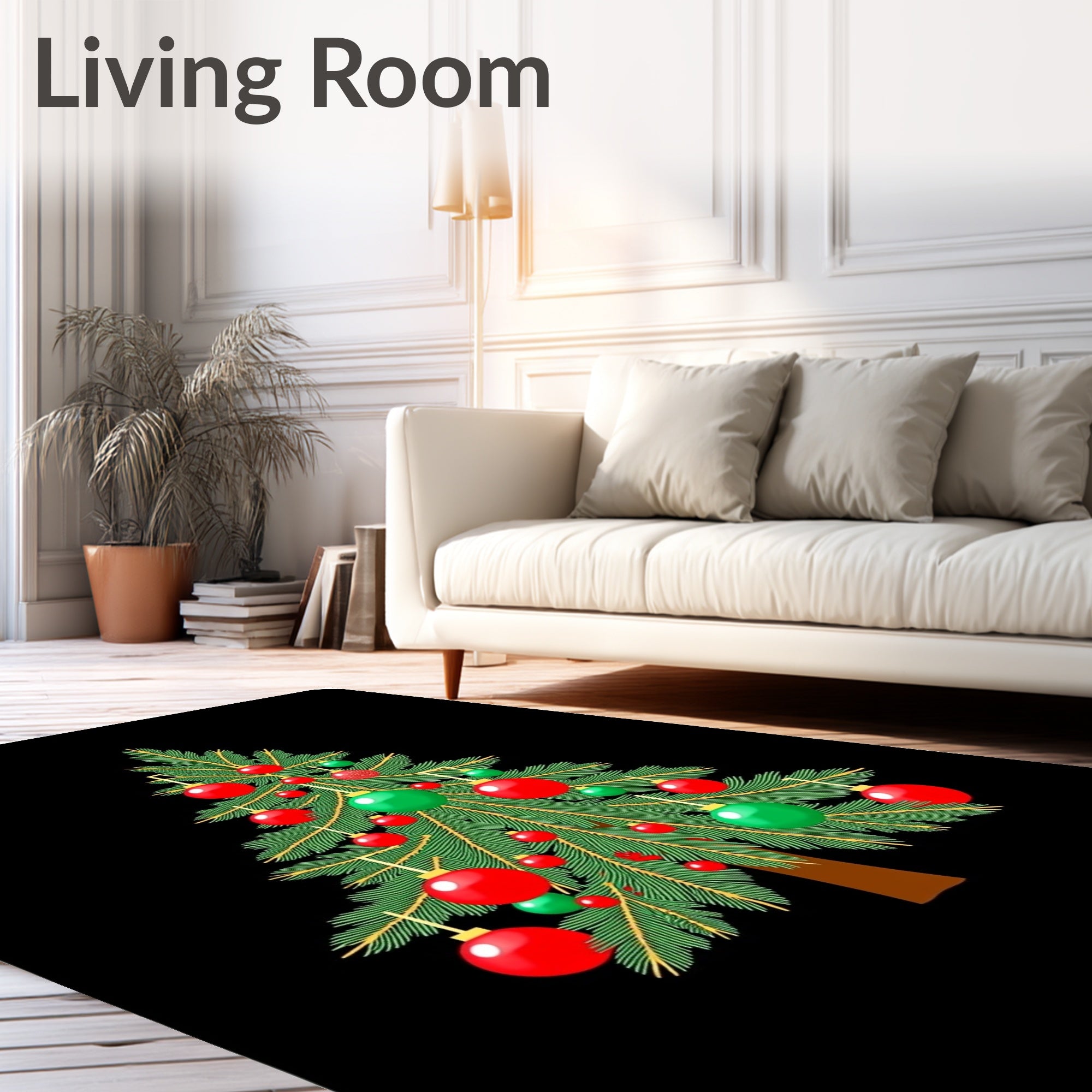 Green Fir Tree Red Ball Ornaments Rug