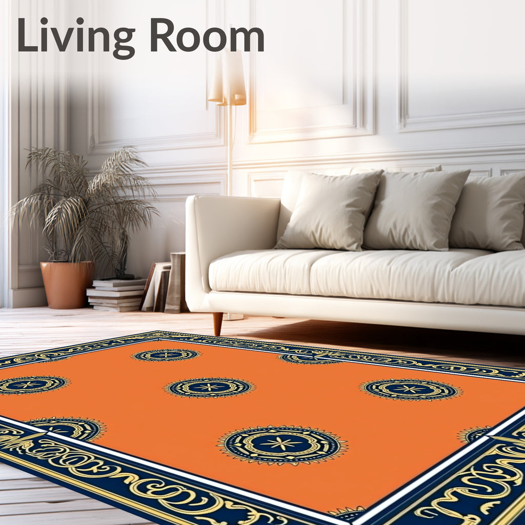 Orange Navy Gold Medallion Border Rug