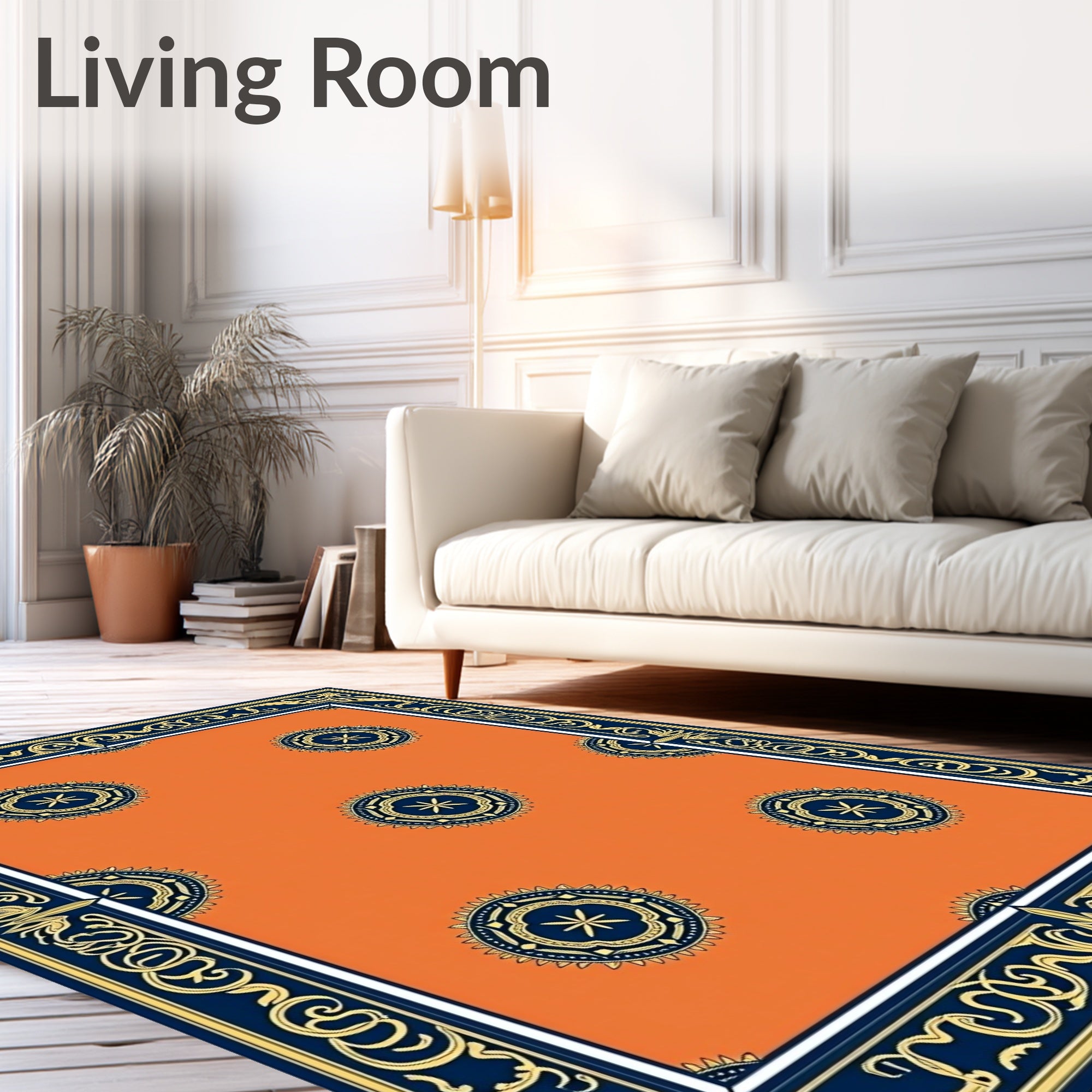 Orange Navy Gold Medallion Border Rug