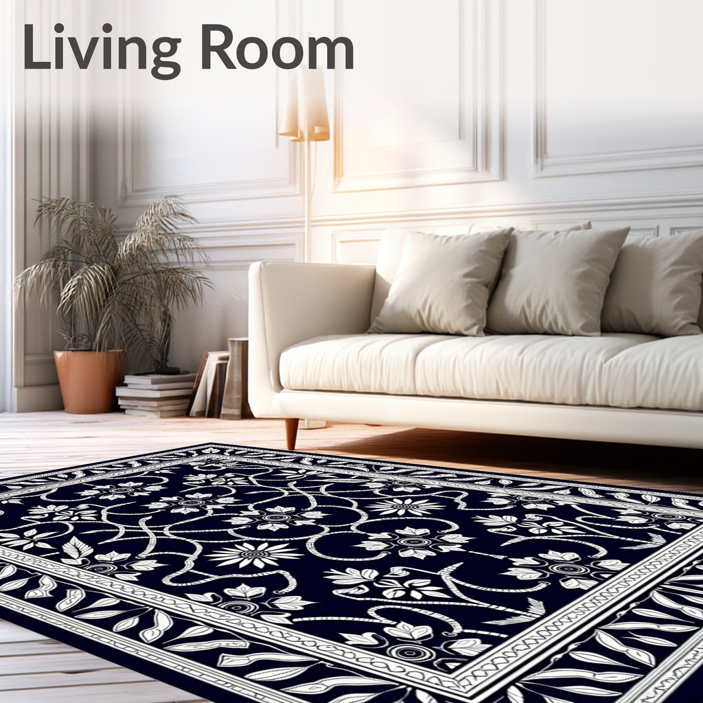 Classic Navy White Floral Vine Rug