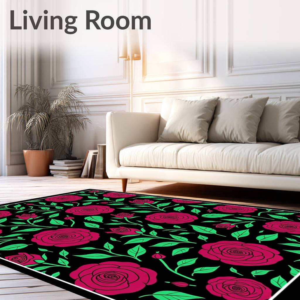 Crimson Rose Vine Black Background Rug