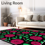 Crimson Rose Vine Black Background Rug