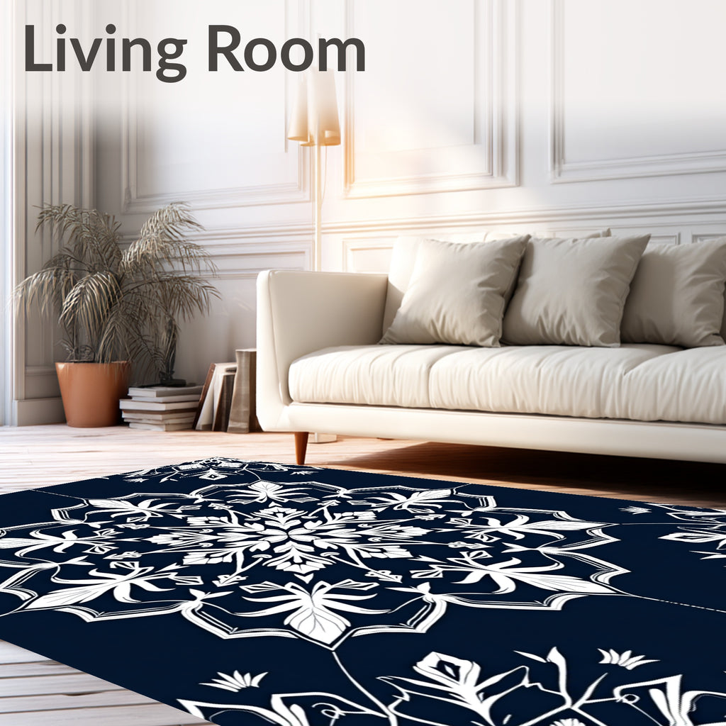 Navy White Ornate Floral Mandala Rug