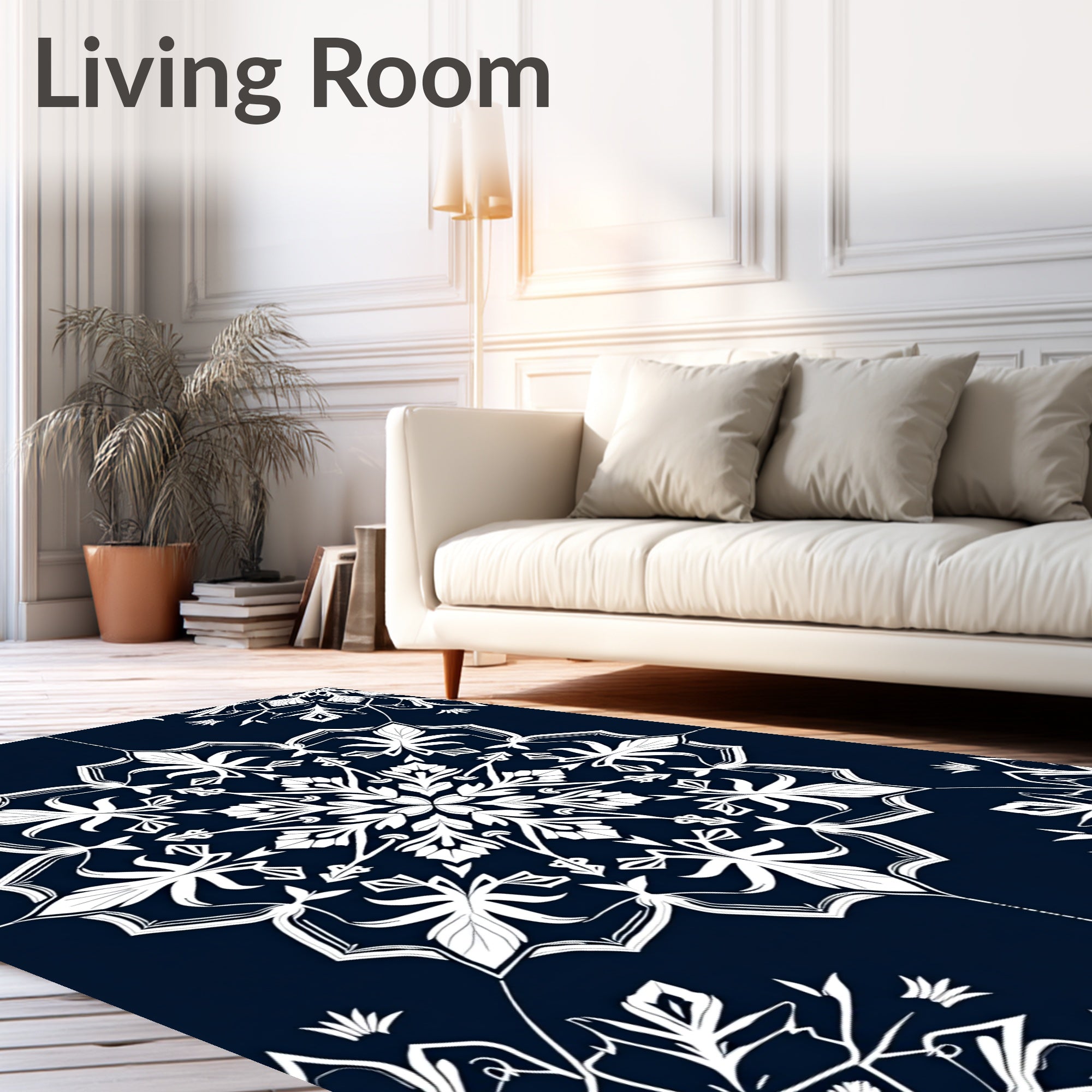 Navy White Ornate Floral Mandala Rug