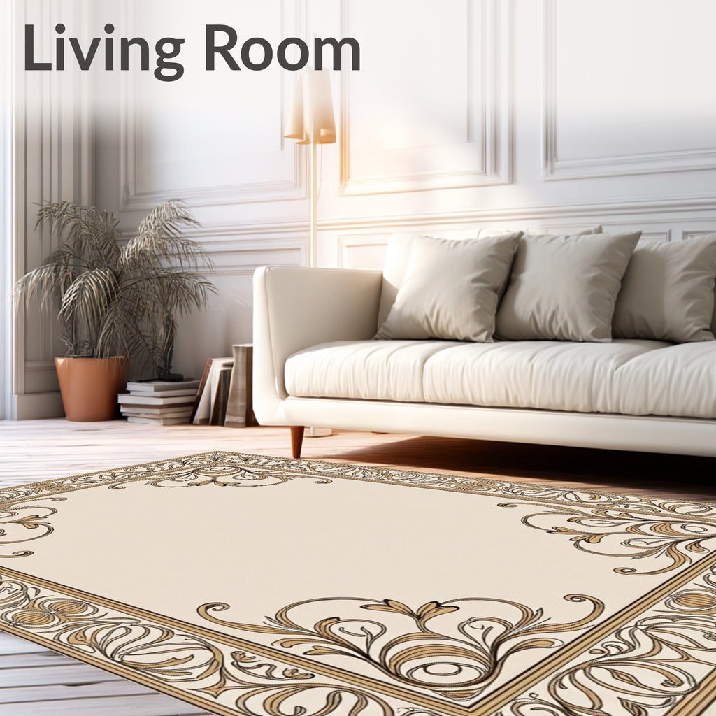 Elegant Cream Gold Floral Scroll Frame Rug