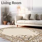 Elegant Cream Gold Floral Scroll Frame Rug