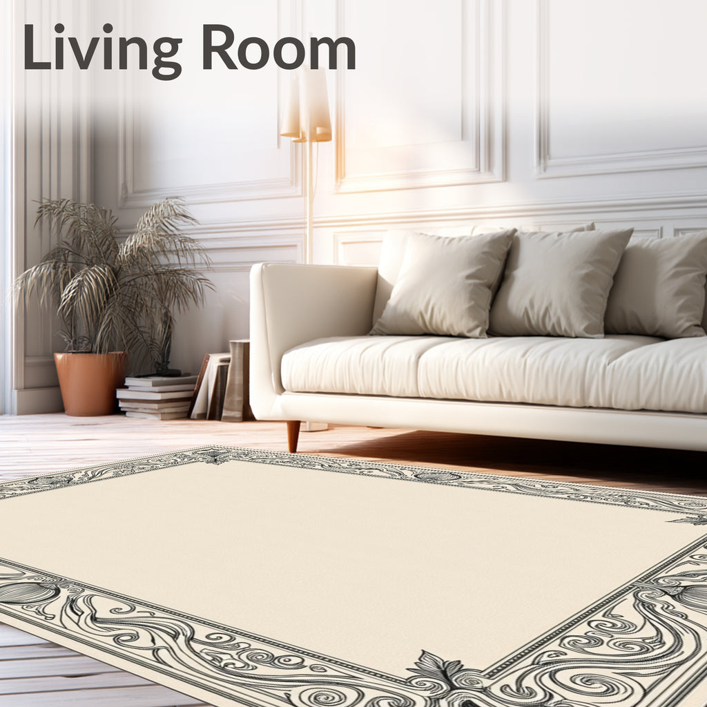Ornate Black Sepia Floral Border Design Rug