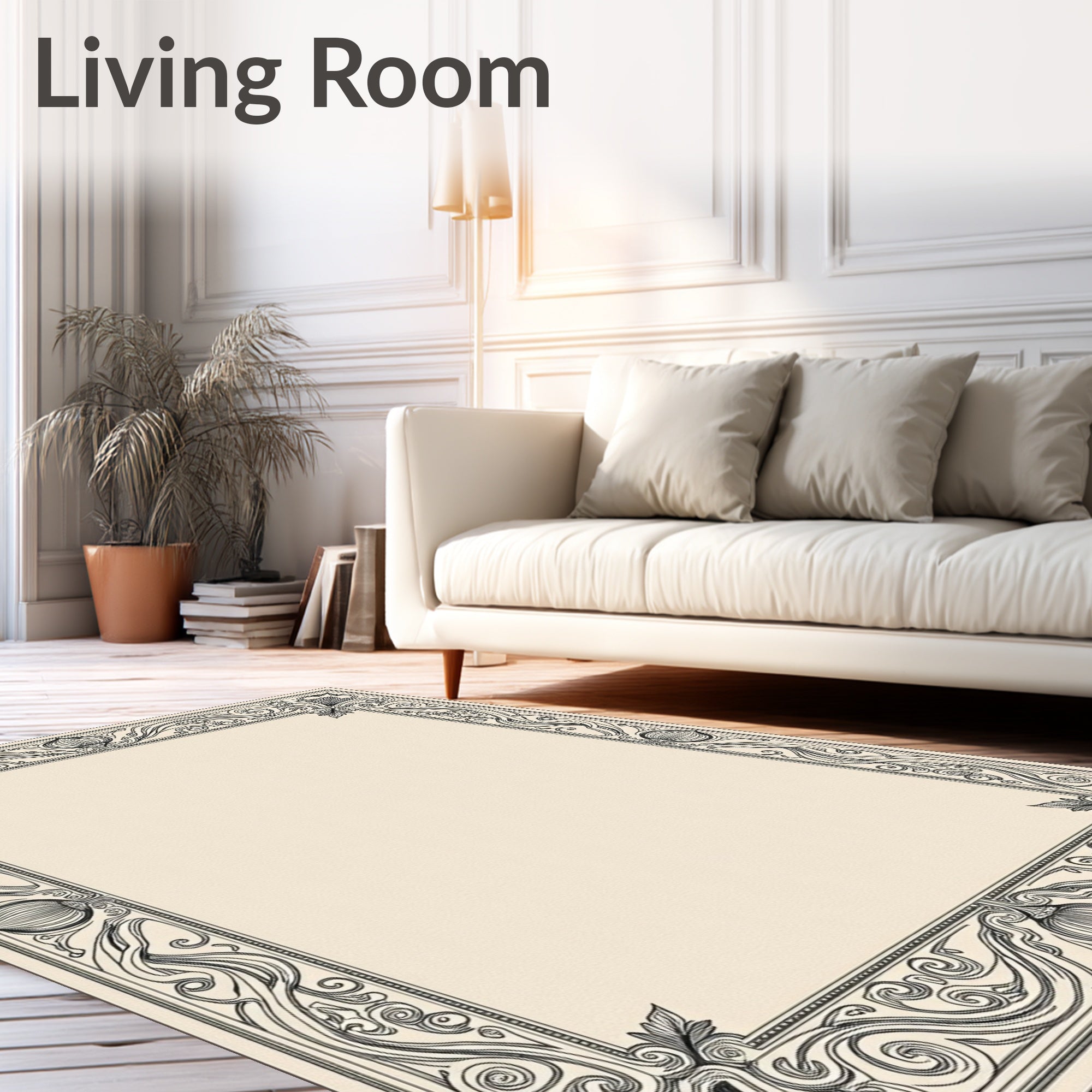 Ornate Black Sepia Floral Border Design Rug