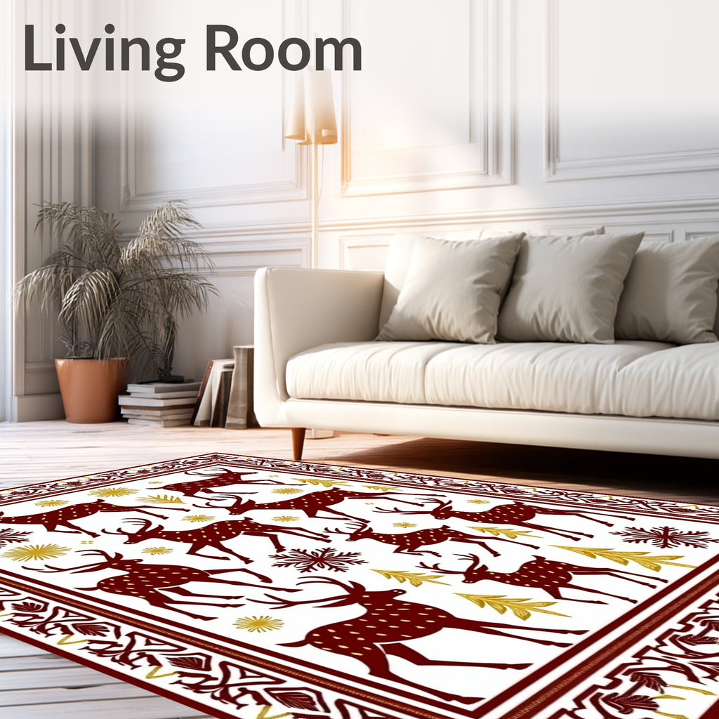 Deep Red Deer Snowflakes Gold Trees Rug