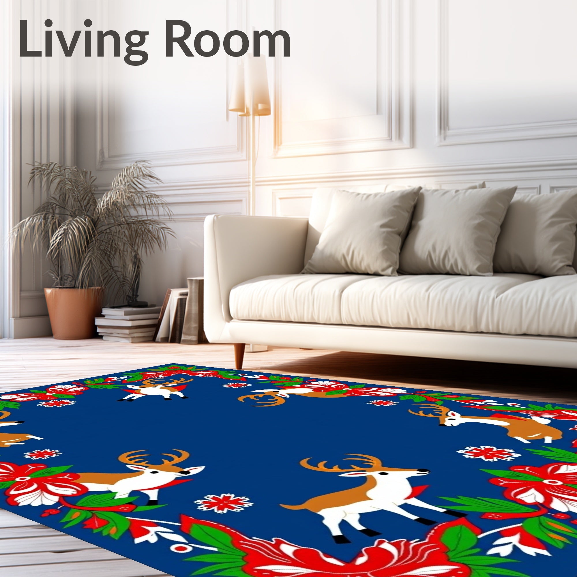 Red Floral Reindeer Snowflakes Border Rug