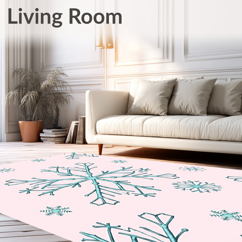 Teal Falling Snowflakes on Pink Background Rug