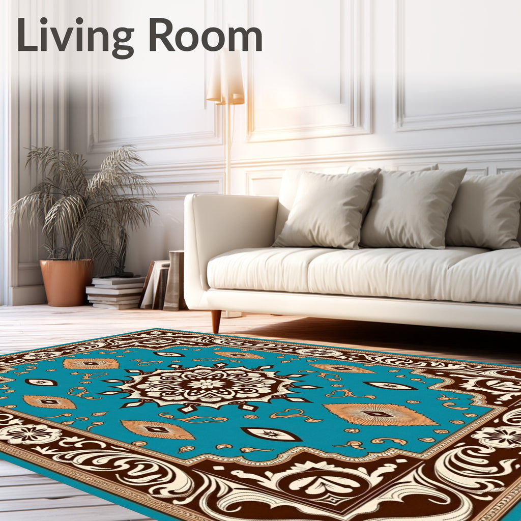 Teal Brown White Floral Medallion Rug