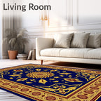 Deep Blue Golden Sunburst Medallion Rug