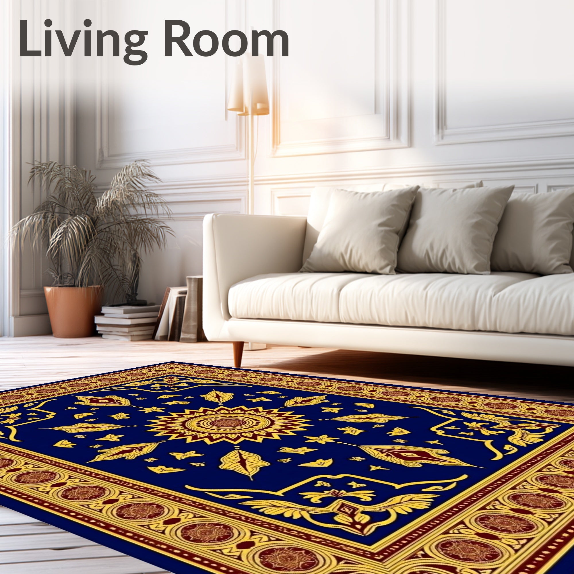Deep Blue Golden Sunburst Medallion Rug
