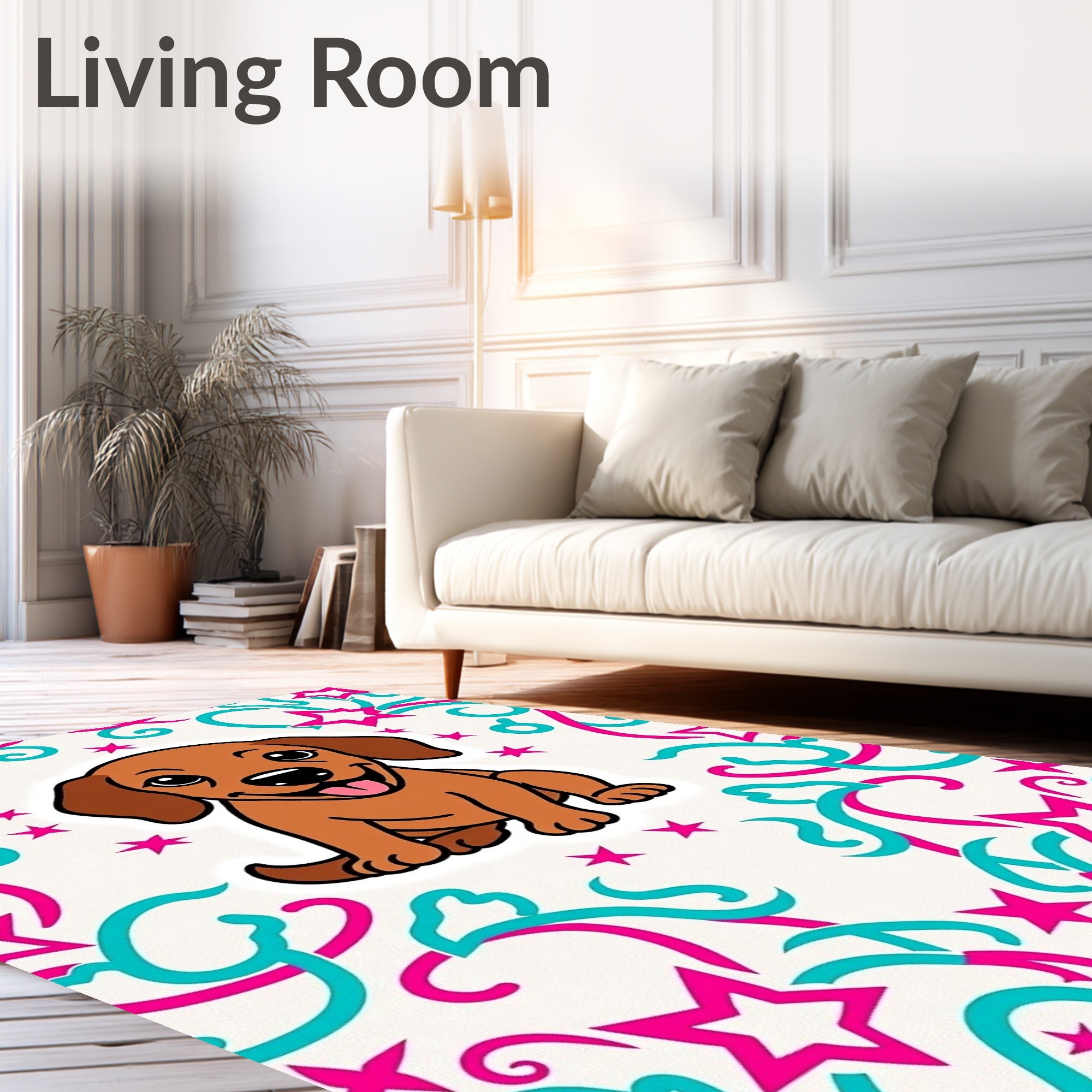 Playful Brown Puppy Stars Swirls Rug