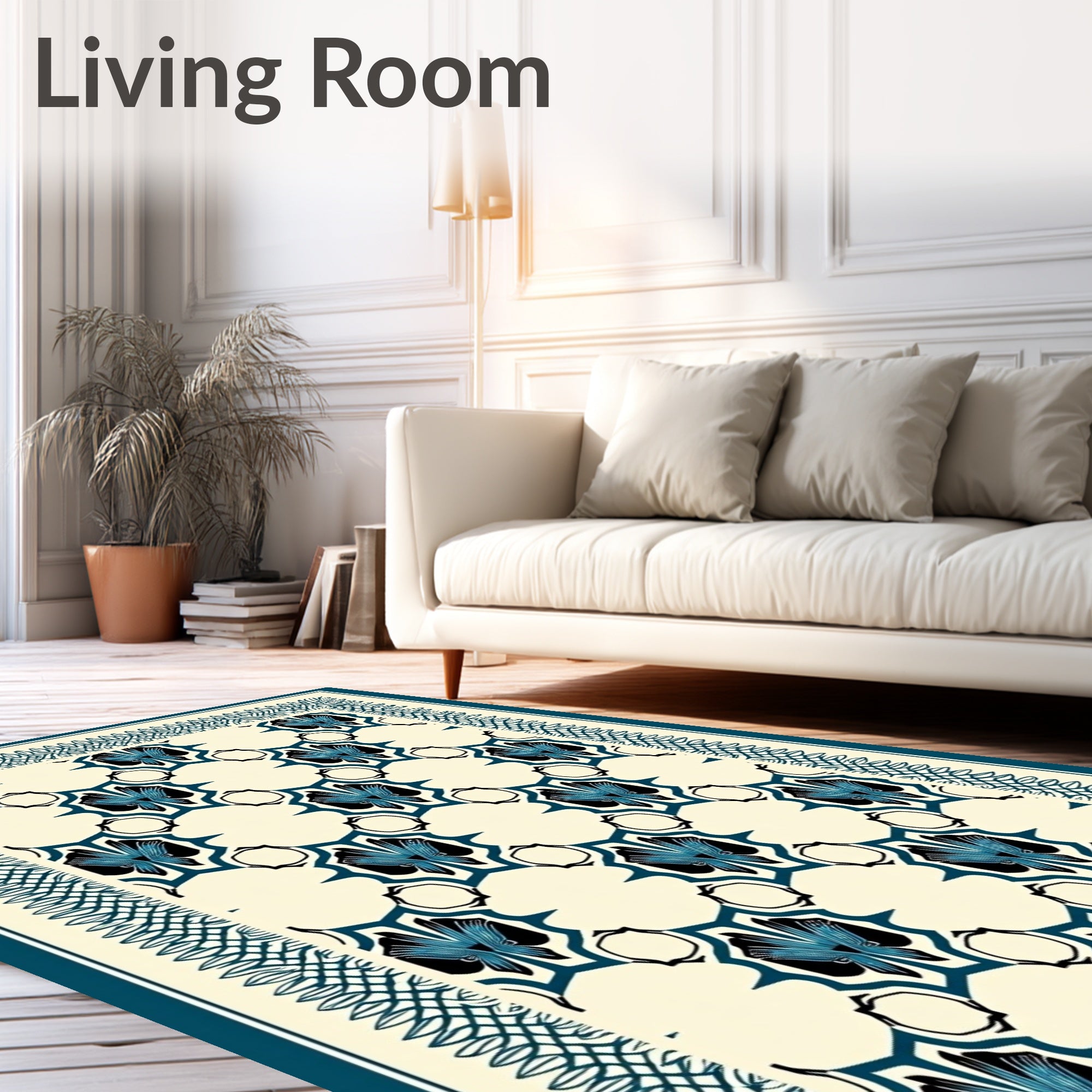 Cream Blue Art Deco Repeating Floral Rug