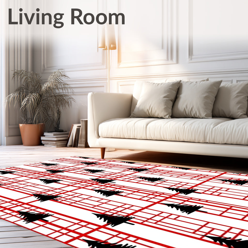 Red White Plaid Pine Trees Rug