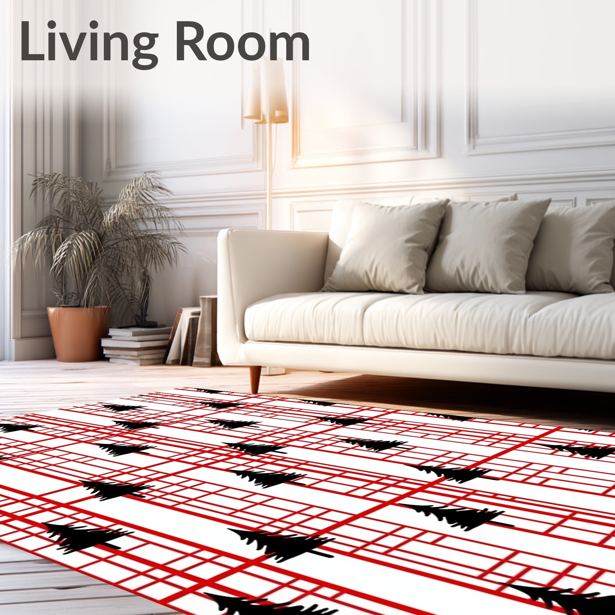 Red White Plaid Pine Trees Rug