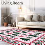 Red Green Snowflakes Pine Trees Border Rug