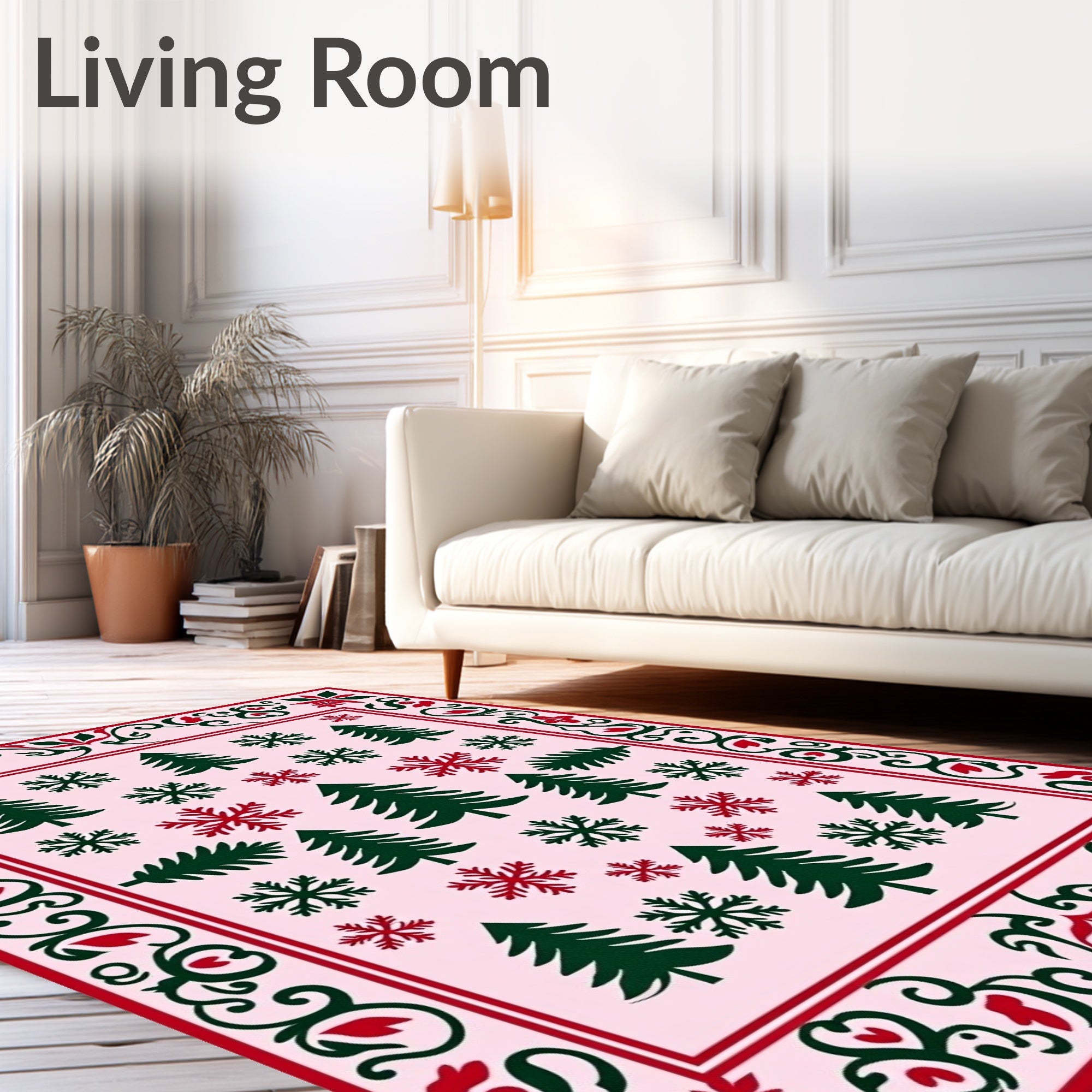 Red Green Snowflakes Pine Trees Border Rug
