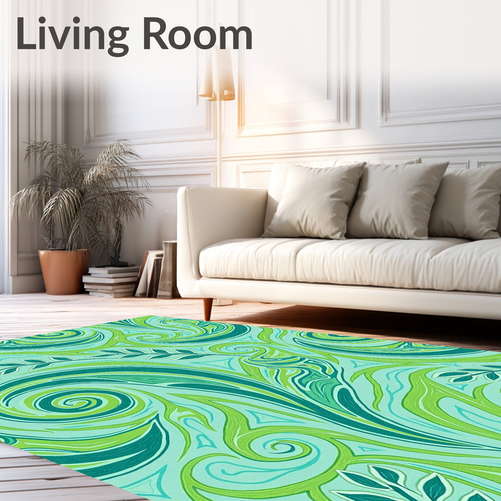Aqua Emerald Swirl Leaf Art Rug