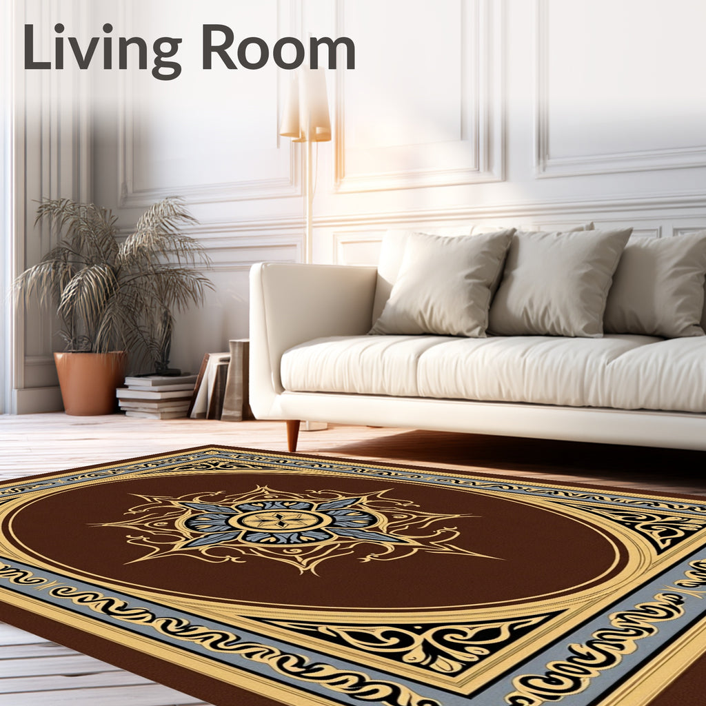 Brown Gold Blue Ornamental Square Rug