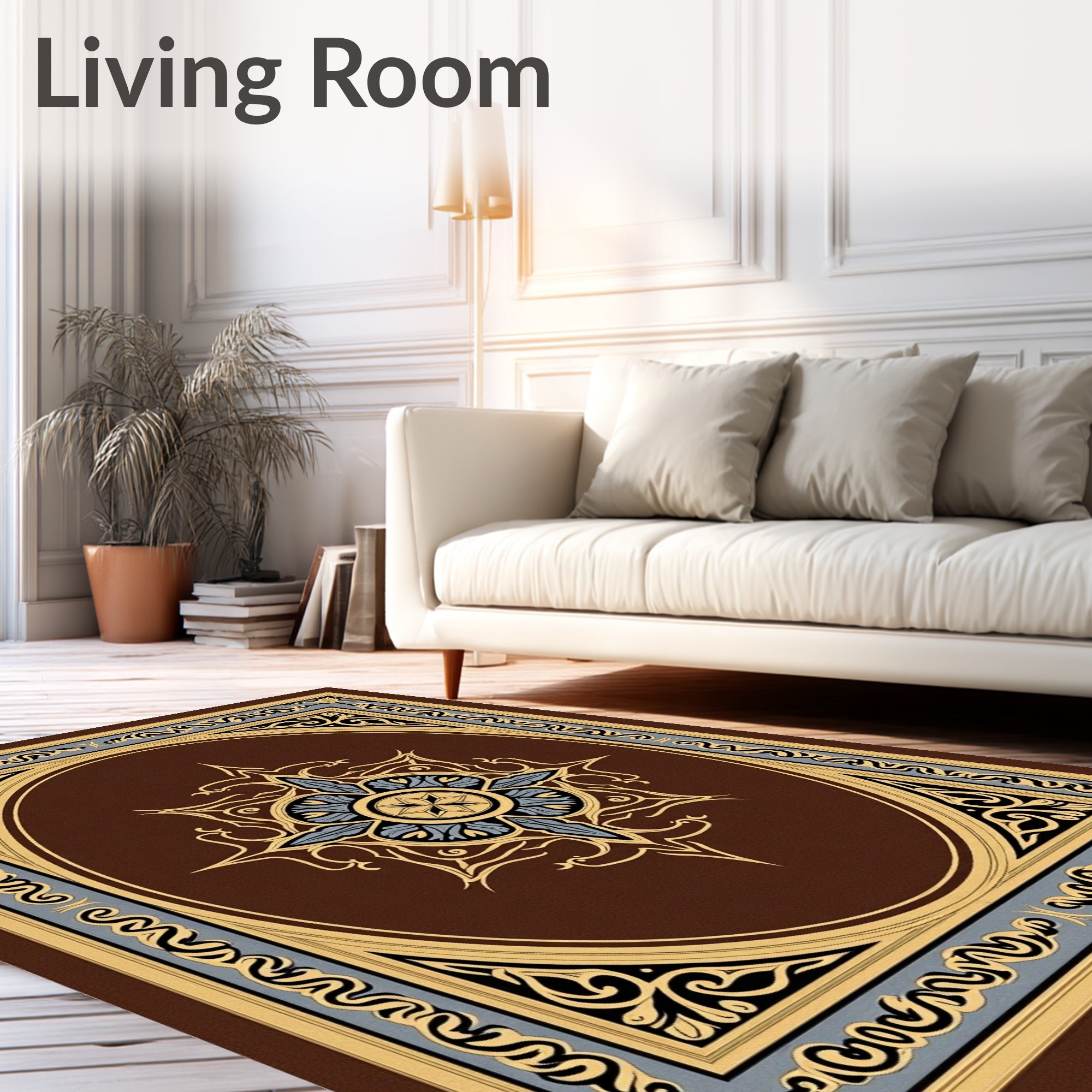 Brown Gold Blue Ornamental Square Rug