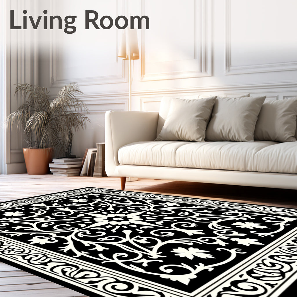 Black and White Floral Scrollwork Square Rug