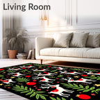 Festive White Reindeer Red Ornaments Holly Rug