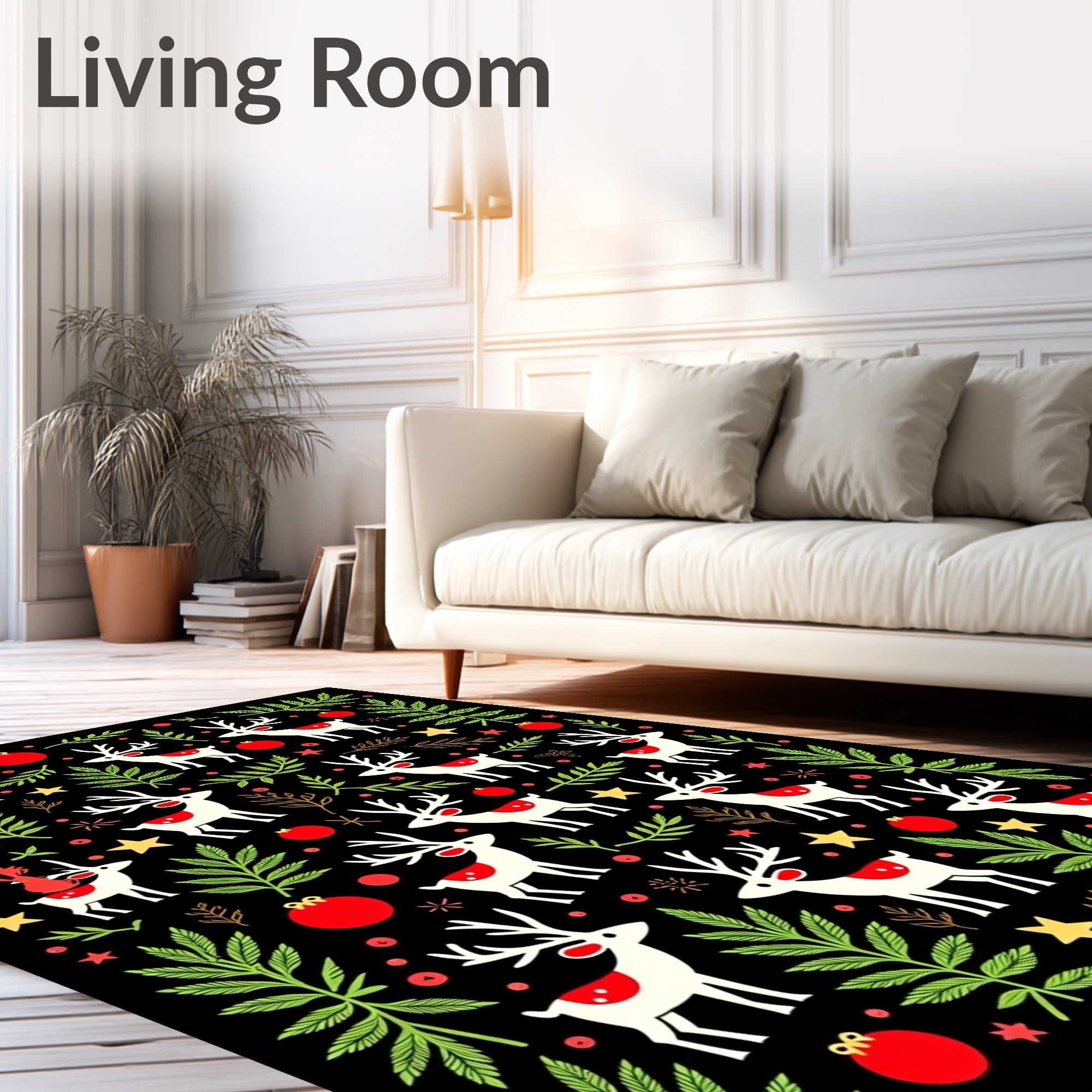 Festive White Reindeer Red Ornaments Holly Rug