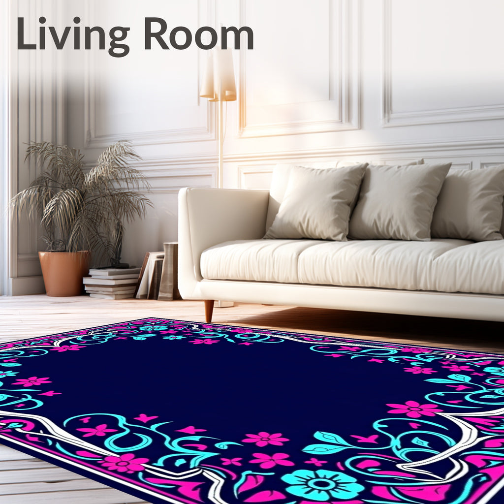 Vibrant Pink Teal Floral Frame Rug