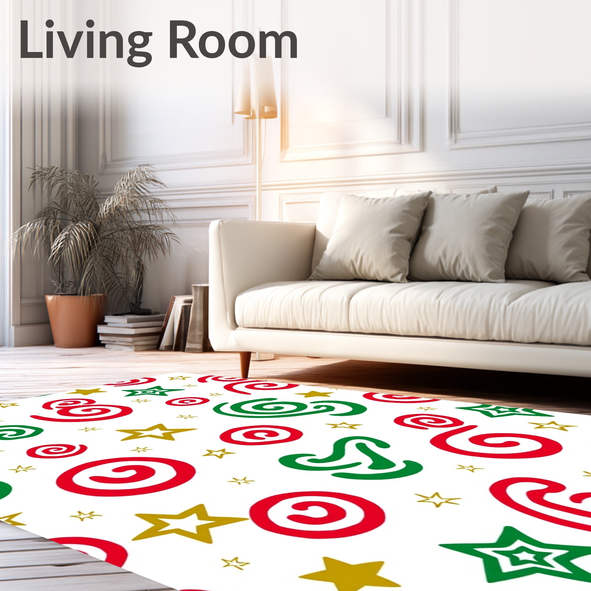Festive Red Green Swirl Stars Rug
