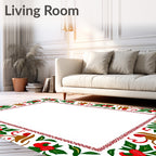 Festive Red Green Leafy Floral Border Rug