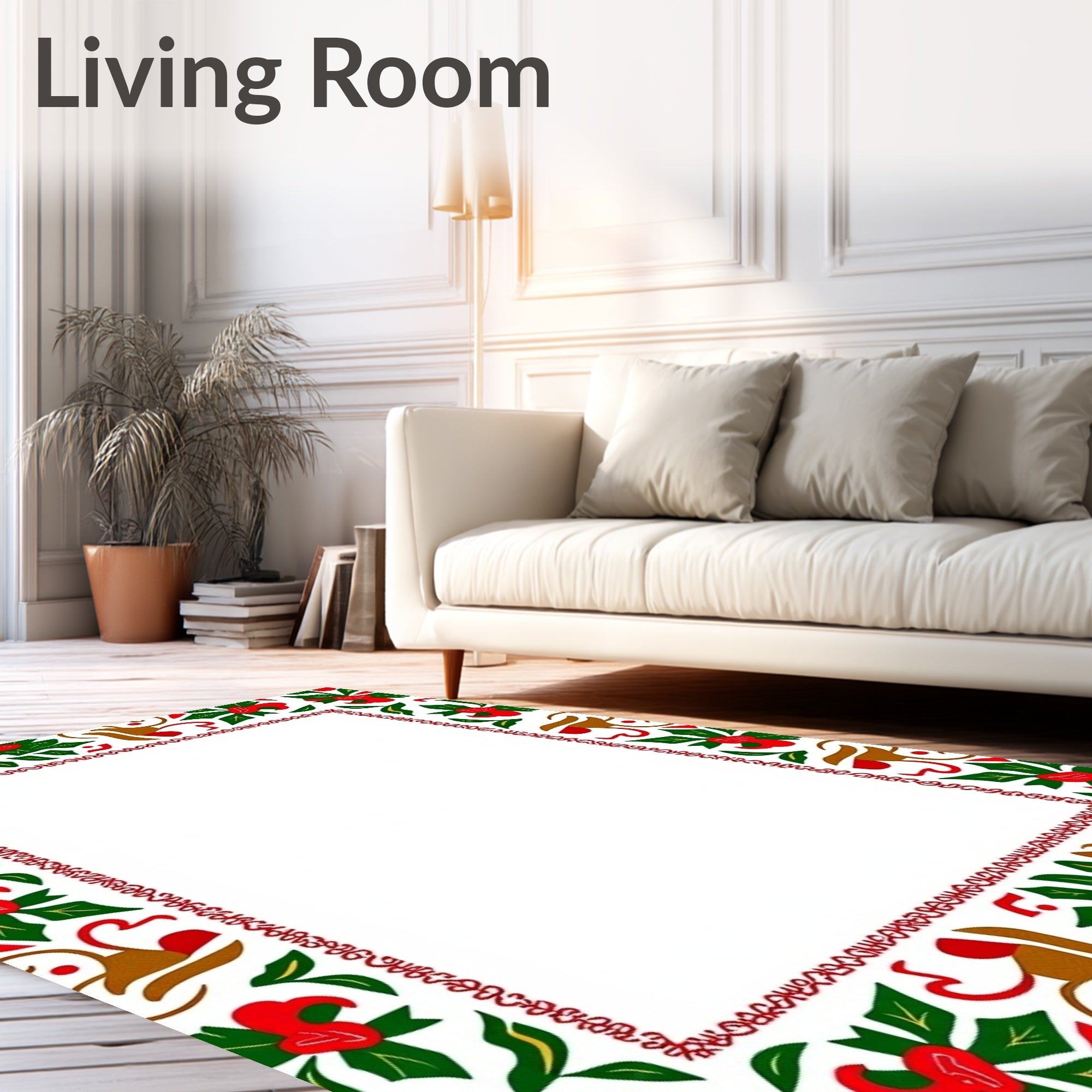 Festive Red Green Leafy Floral Border Rug