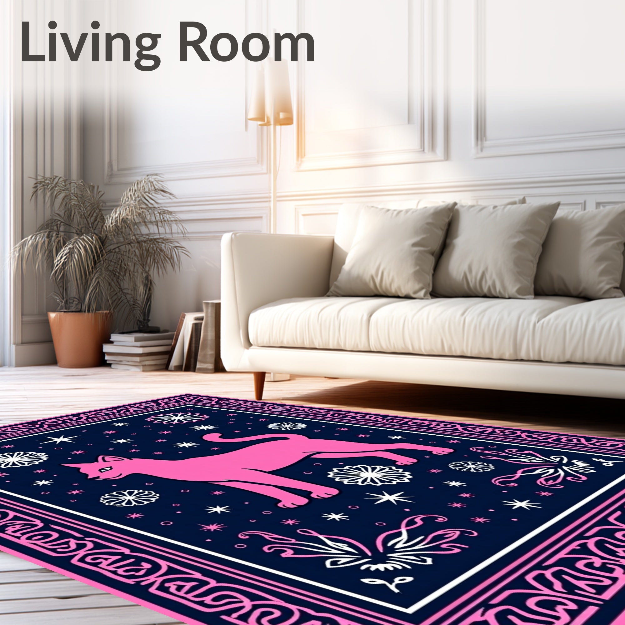 Pink Cat Navy Starry Night Floral Rug