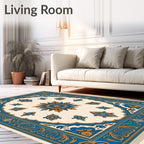 Ornate Blue Golden Floral Medallion Rug