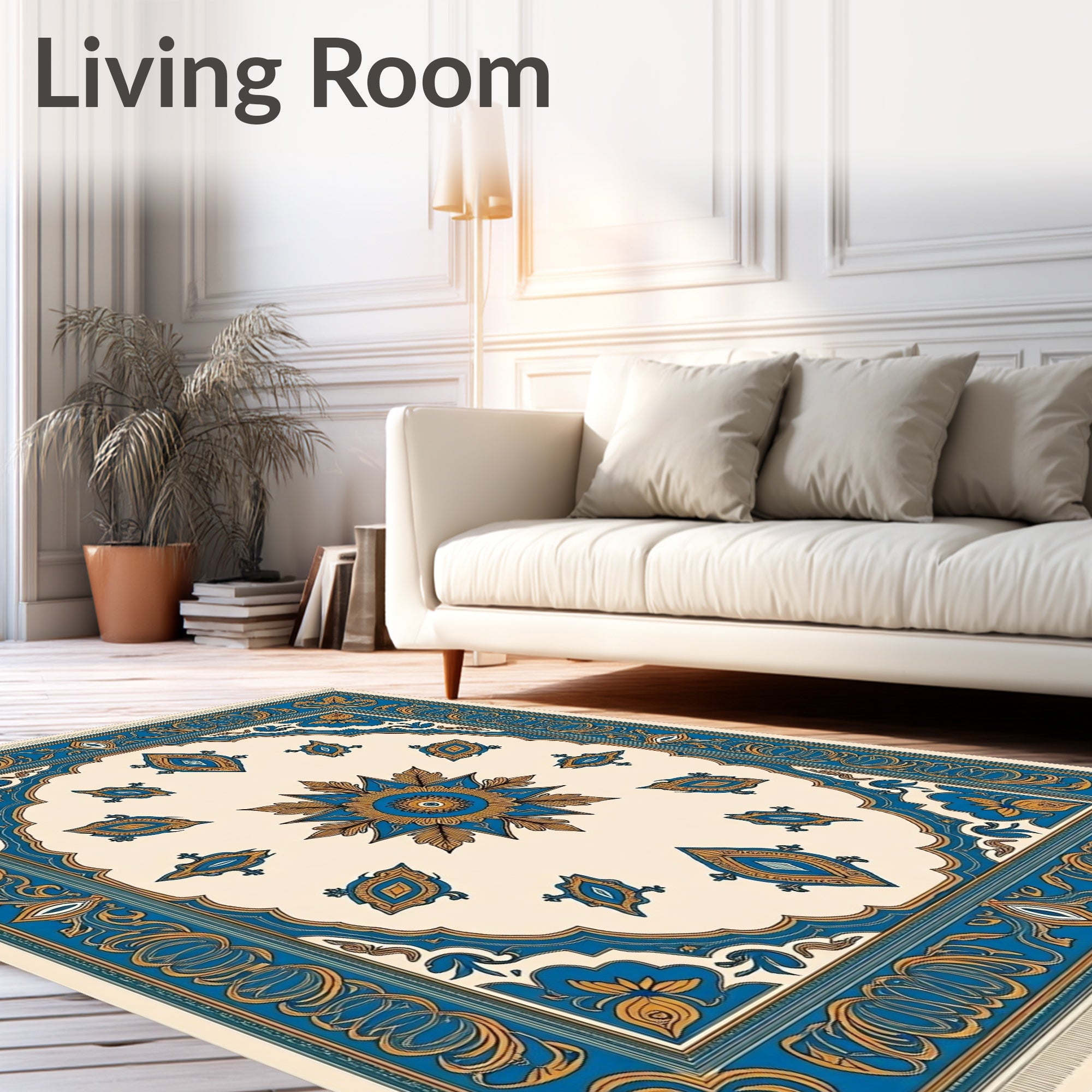 Ornate Blue Golden Floral Medallion Rug