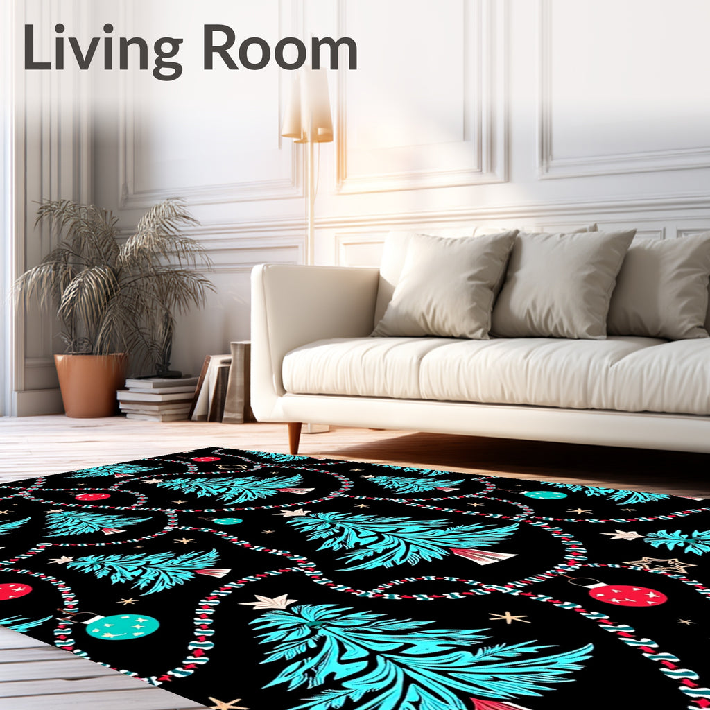 Aqua Christmas Trees Red Ornament Garland Rug