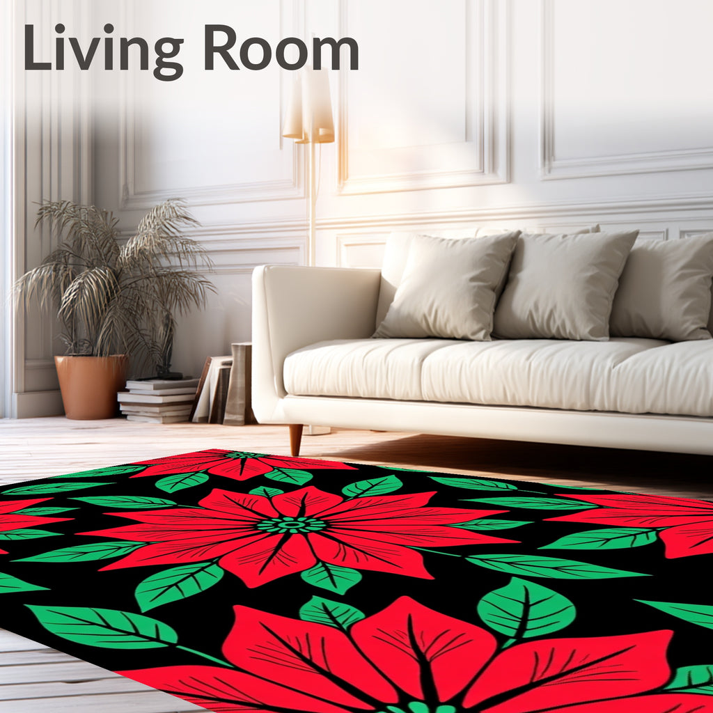 Bold Red Poinsettia Floral Black Rug