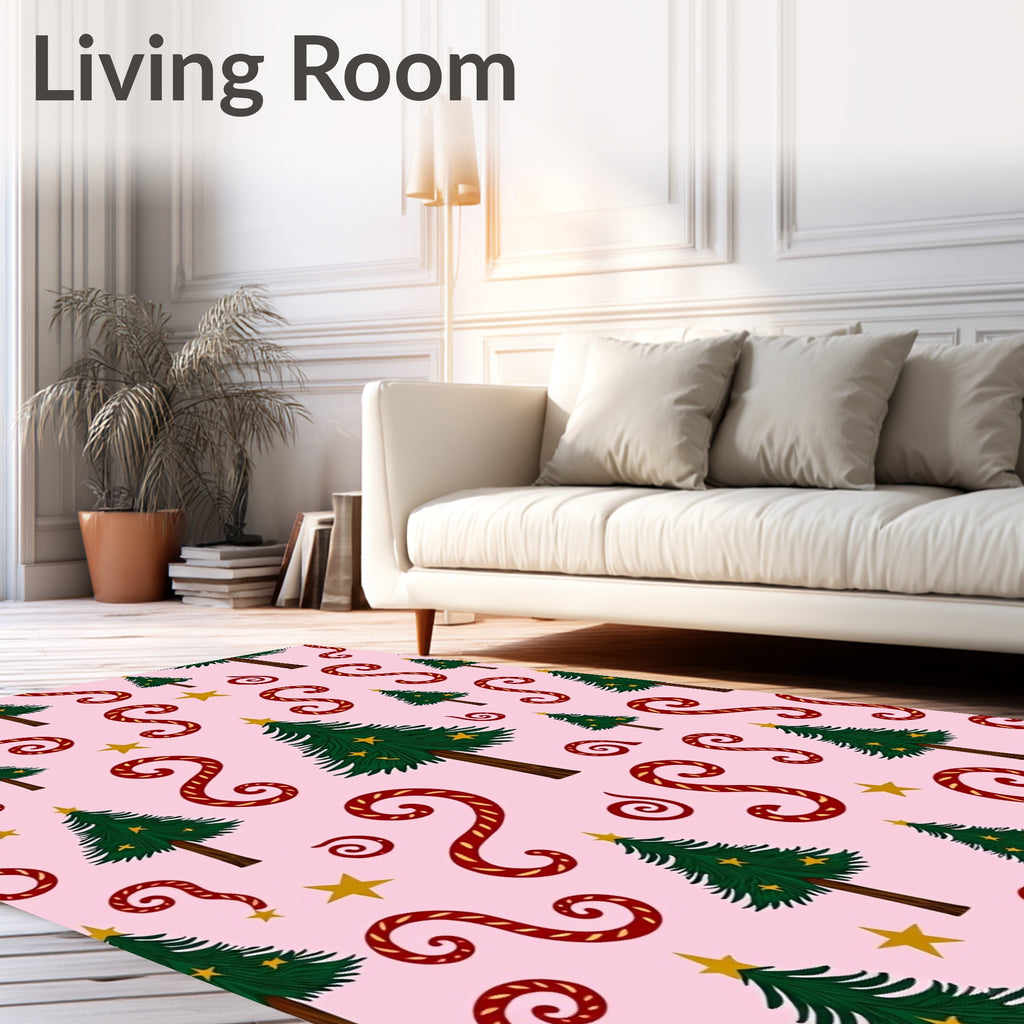 Festive Christmas Trees Red Swirls Stars Rug
