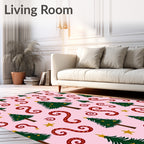 Festive Christmas Trees Red Swirls Stars Rug